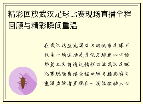 精彩回放武汉足球比赛现场直播全程回顾与精彩瞬间重温